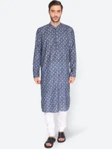 NAMASKAR Men Blue Floral Printed Cotton Linen Kurta