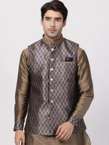 VASTRAMAY Men Navy Blue & Brown Woven Design Woven Nehru Jacket