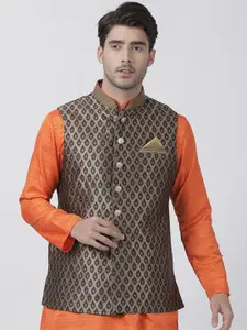 VASTRAMAY Men Black Woven Design Slim-Fit Nehru Jacket