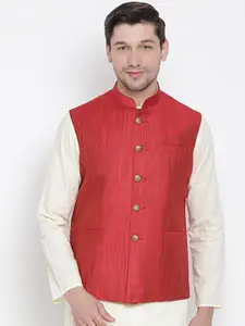 VASTRAMAY Men Maroon Solid Slim-Fit Nehru Jacket