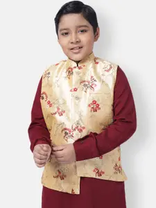 NAMASKAR Boys Gold Colored & Red Printed Pure Silk Nehru Jacket
