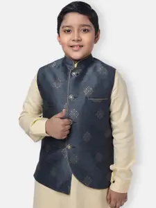 NAMASKAR Boys Grey Printed Pure Silk Nehru Jacket