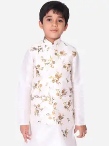 NAMASKAR Boys White Floral Printed Silk Nehru Jacket