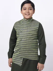 NAMASKAR Boys Navy Blue Geometric Printed Pure Silk Nehru Jacket