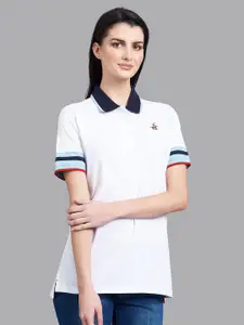 Beverly Hills Polo Club Women White & Blue Polo Collar T-shirt