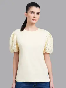 Beverly Hills Polo Club Women Yellow Puff Sleeves Cut Outs T-shirt