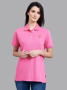 Beverly Hills Polo Club Women Pink Solid Polo Collar Regular Fit T-shirt
