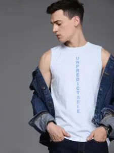 WROGN Men Light Blue Typography Printed Slim Fit Sleeveless T-shirt