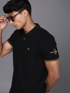 WROGN Men Black Solid Polo Collar Regular Sleeves Pure Cotton Applique Slim Fit T-shirt