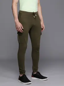 WROGN Men Olive Green Solid Mid-Rise Casual Knit Cargo Joggers