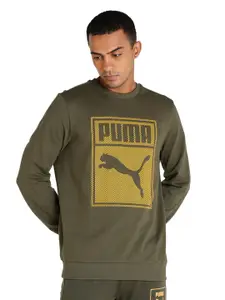 Puma Men Olive Green Brand Logo Printed Graphic Crew Pullover Sweatshirt