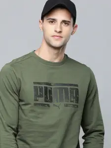 Puma Men Olive Green Brand Logo Printed Graphic Crew Pullover Sweatshirt