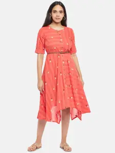 AKKRITI BY PANTALOONS Red Abstract Printed Pure Cotton Midi Fit & Flare Dress
