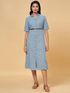 AKKRITI BY PANTALOONS Navy Blue Checked Pure Cotton Shirt Midi Dress