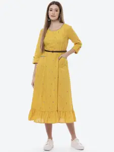 Rangriti Mustard Yellow Ethnic Motifs Printed Midi Dress