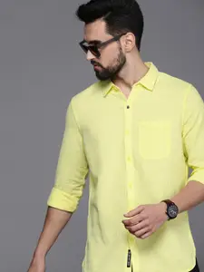 WROGN Men Yellow Self-Design Slim Fit Pure Cotton Casual Shirt