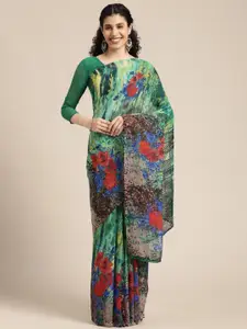 KALINI Green & Red Floral Printed Saree