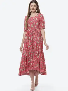 Rangriti Pink & Beige Floral Fit and Flare Midi Dress