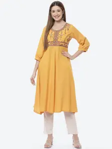 Rangriti Women Mustard Yellow Ethnic Motifs Yoke Design Kurta