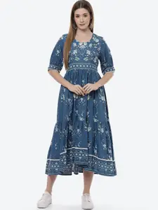 Rangriti Woman Navy Blue Floral Ethnic Midi Dress