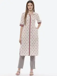 Rangriti Women Off White & Pink Floral Printed Straight Kurta
