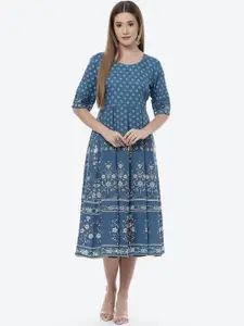 Rangriti Blue & White Ethnic Motifs Printed Ethnic Midi Dress