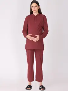The Mom Store Women Maroon Maternity & Nursing Hoodie Night suit