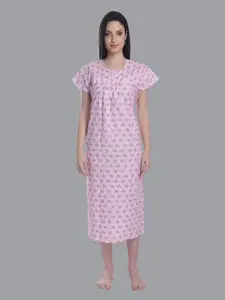 CIERGE Women Pink Floral Printed Pure Cotton Nightdress