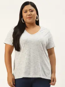 Rute Women Plus Size Grey Melange Solid Cotton V-Neck T-shirt