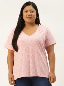 Rute Women Plus Size Pink Floral Printed Cotton V-Neck T-shirt