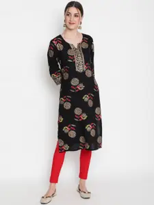 AKIMIA Women Black Floral Foil Printed Kurta