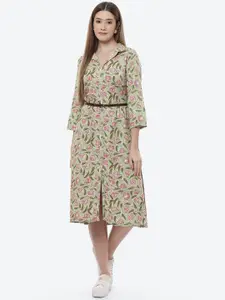 Rangriti Green Floral A-Line Midi Dress