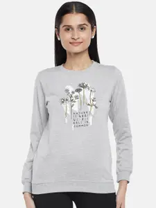 People Women Grey Melange & White Printed Sweatshirt