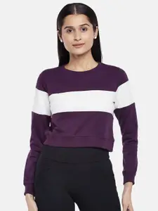 People Women Purple & White Colorblocked Crop Sweatshirt