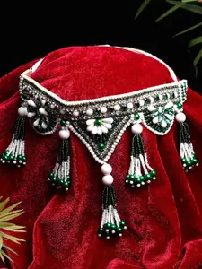 Moedbuille Silver-Plated White & Green Brass CZ Studded Pearl Beaded Choker Necklace