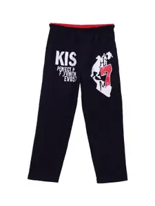 Fashionable Boys Navy Blue & White Typography Printed Pure Cotton Track Pants