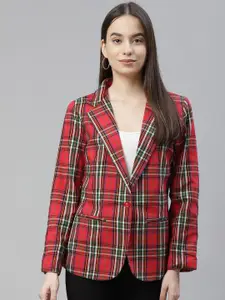 Cottinfab Women Red & Black Checked Pure Cotton Single-Breasted Casual Blazer