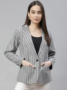 Cottinfab Women Grey & White Striped Pure Cotton Single-Breasted Casual Blazer