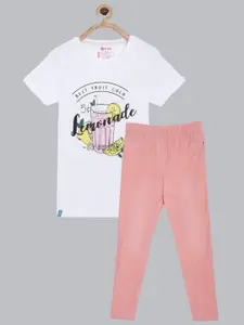 3PIN Girls White & Peach Colored Printed Cotton T-shirt With Trousers
