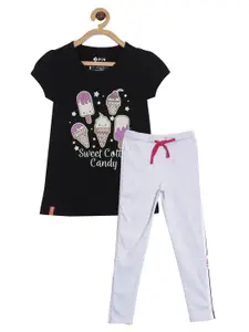 3PIN Girls White & Black Colored Printed Cotton T-shirt With Trousers