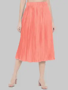 Indietoga Women Peach-Coloured Solid Accordian Pleated Midi A-Line Skirt