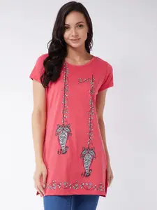 Modeve Women Coral Pink Printed T-shirt