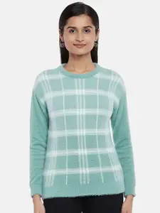 People Women Blue & White Checked Pullover With Fuzzy Detail