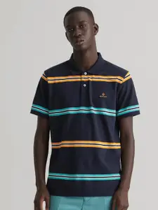 GANT Men Navy Blue & Turquoise Blue Striped Polo Collar T-shirt