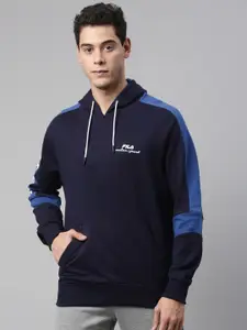 FILA Men Blue & White Brand Logo Printed Hooded Cotton Sweatshirt