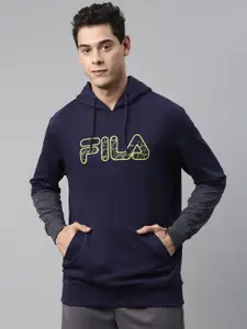 FILA Men Blue & Green Brand Logo Printed Hooded Cotton Hamish Sweatshirt