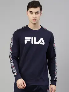 FILA Men Blue & White Brand Logo Printed Hooded Cotton Preston Sweatshirt