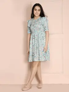 LilPicks Girls Turquoise Blue & Peach-Coloured Floral Crepe Dress