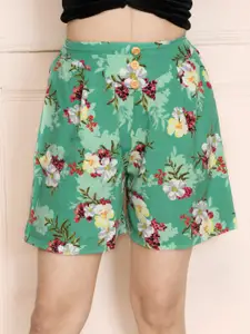 LilPicks Girls Green Floral Printed Outdoor Shorts