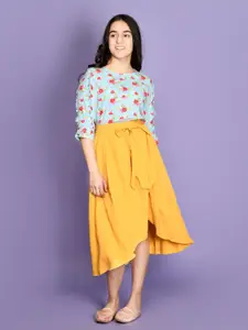 LilPicks Girls Yellow & Blue Printed Top with Yellow Asymmetrical Skirt Set
